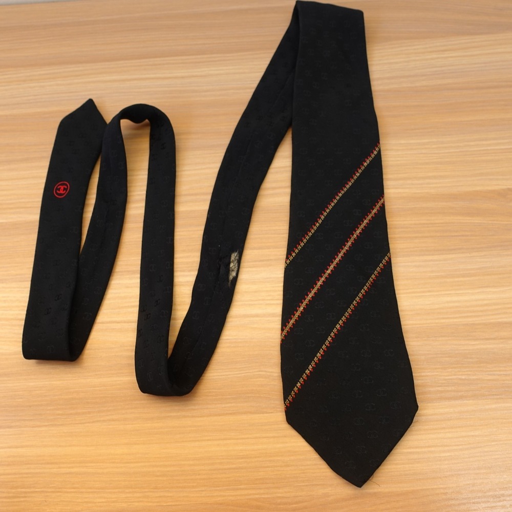 CHANEL Neck Tie Men Black CC Monogram Logo Stripe Silk French Luxury FRANCE $425 - Picture 2 of 16